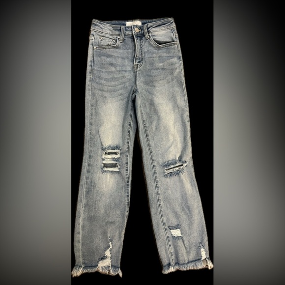 Risen Jeans High Rise SIZE 1/25 Side Slit Frayed Hem Wide Leg Jeans #RDP5079 - Picture 1 of 6